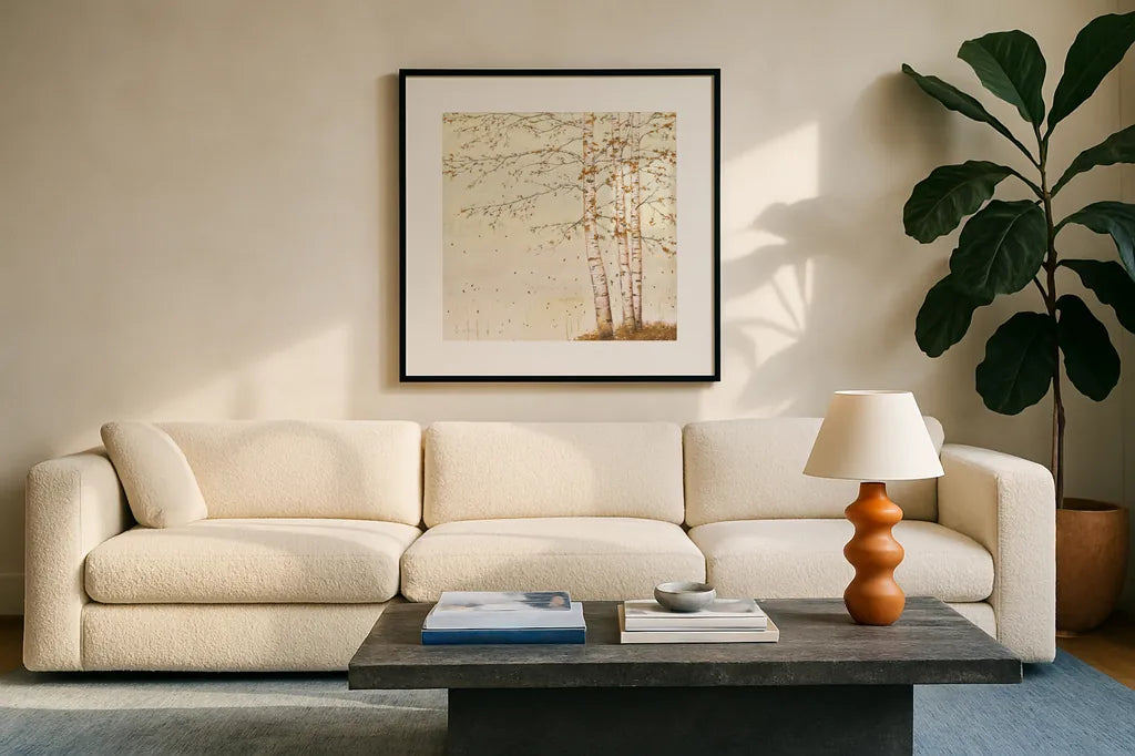 Golden Birch II Off White by James Wiens. Displayed in a glass frame with matte in a clean modern living room. Available as an archival giclee rolled canvas, fine art paper, or poster print. SKU 28715a.