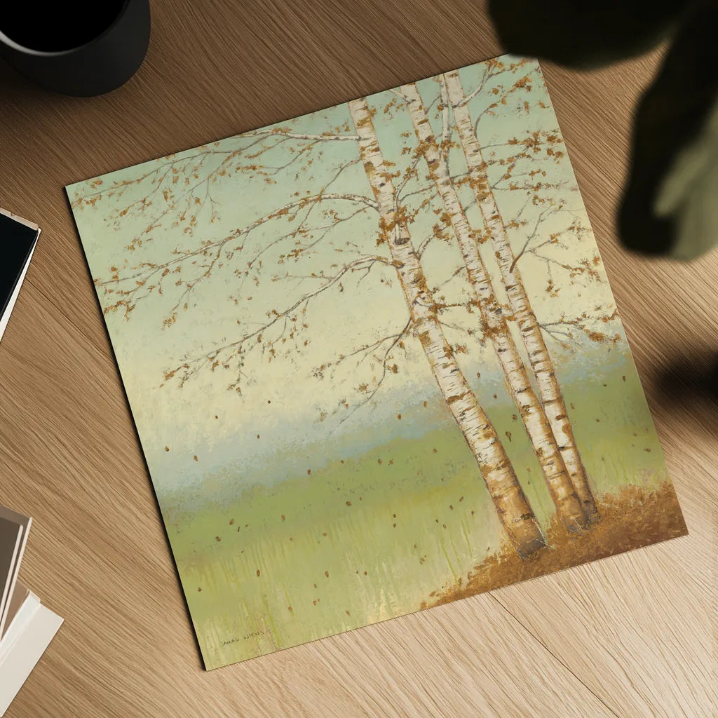 Golden Birch II with Blue Sky by James Wiens. Shown as a detailed flat fine art print, highlighting archival giclee quality. Available as an archival giclee rolled canvas, fine art paper, or poster print. SKU 10342a.