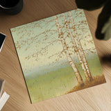 Golden Birch II with Blue Sky by James Wiens. Shown as a detailed flat fine art print, highlighting archival giclee quality. Available as an archival giclee rolled canvas, fine art paper, or poster print. SKU 10342a.