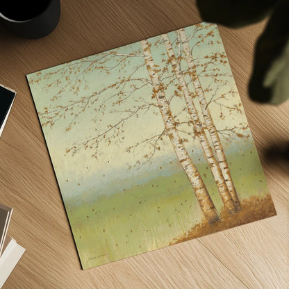 Golden Birch II with Blue Sky by James Wiens. Shown as a detailed flat fine art print, highlighting archival giclee quality. Available as an archival giclee rolled canvas, fine art paper, or poster print. SKU 10342a.