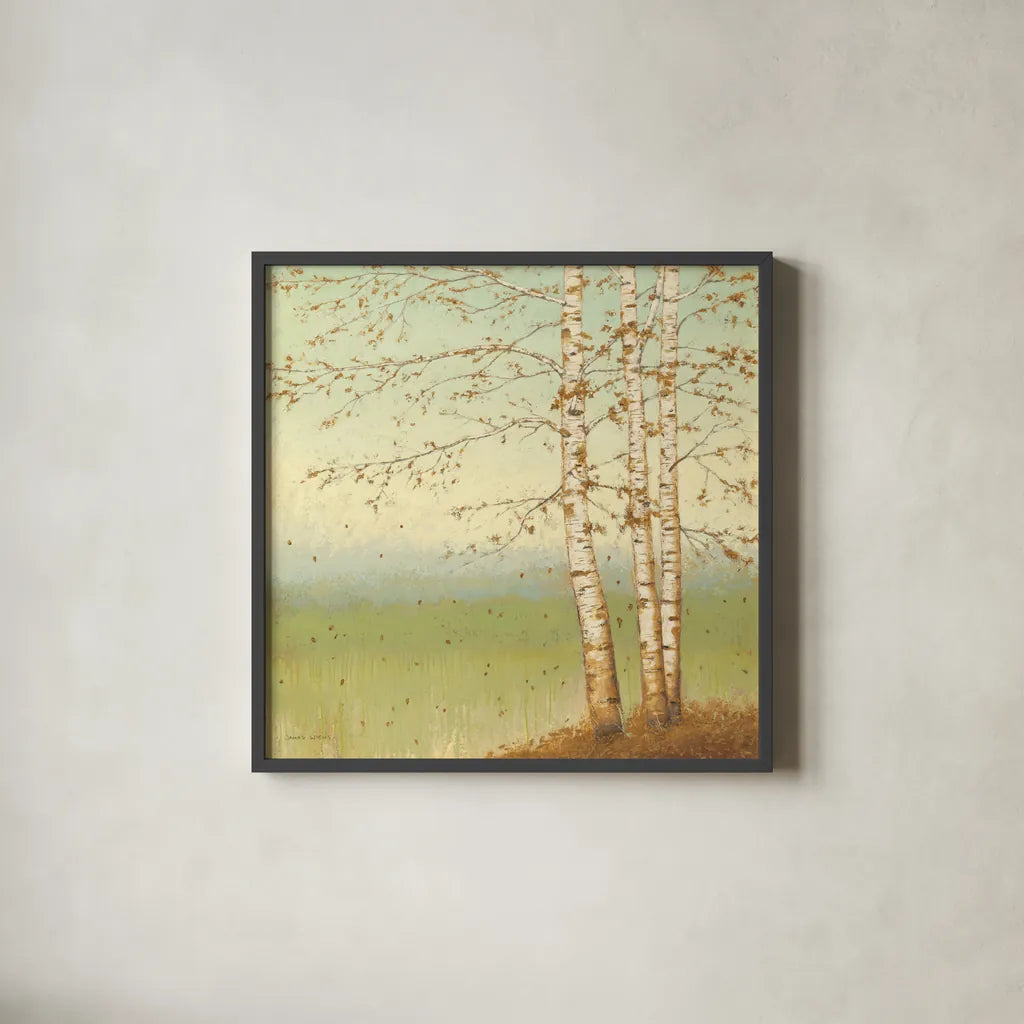 Golden Birch II with Blue Sky by James Wiens. Shown in a sleek black glass frame for a contemporary gallery look. Available as an archival giclee rolled canvas, fine art paper, or poster print. SKU 10342a.