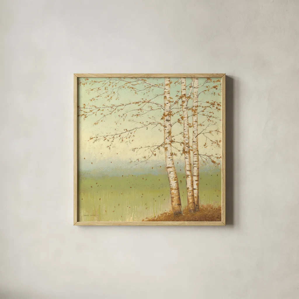 Golden Birch II with Blue Sky by James Wiens. Shown in a natural wood glass frame for a timeless modern aesthetic. Available as an archival giclee rolled canvas, fine art paper, or poster print. SKU 10342a.