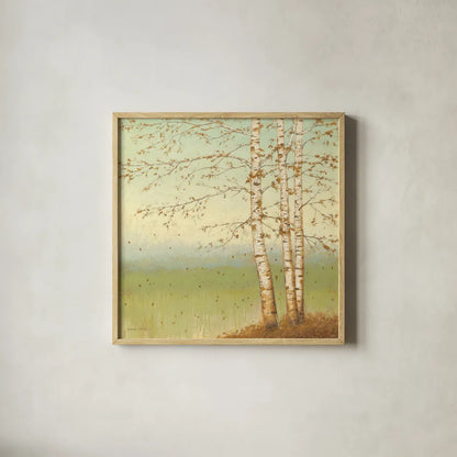 Golden Birch II with Blue Sky by James Wiens. Shown in a natural wood glass frame for a timeless modern aesthetic. Available as an archival giclee rolled canvas, fine art paper, or poster print. SKU 10342a.