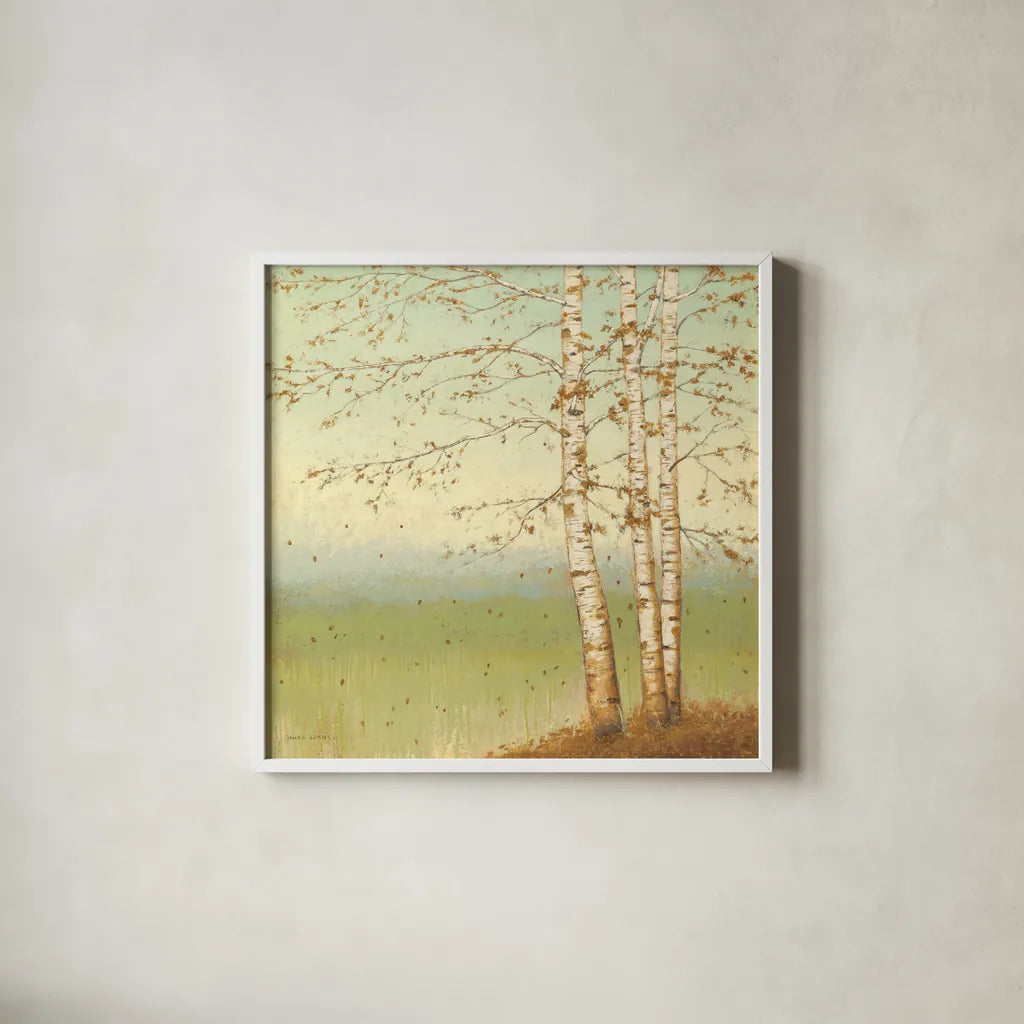 Golden Birch II with Blue Sky by James Wiens. Shown in a crisp white glass frame for a clean and minimalist style. Available as an archival giclee rolled canvas, fine art paper, or poster print. SKU 10342a.