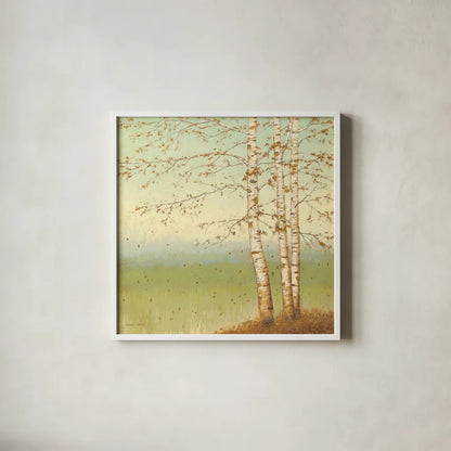 Golden Birch II with Blue Sky by James Wiens. Shown in a crisp white glass frame for a clean and minimalist style. Available as an archival giclee rolled canvas, fine art paper, or poster print. SKU 10342a.