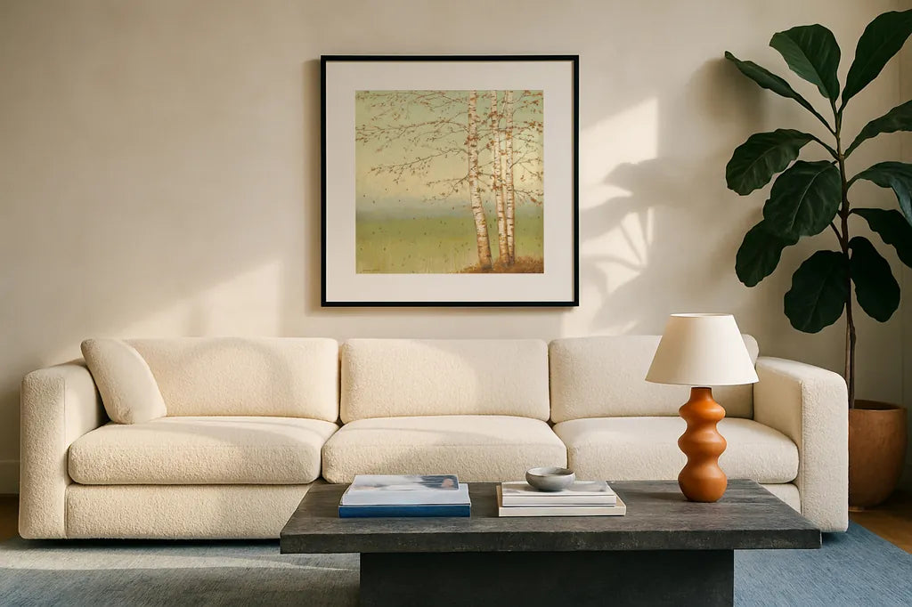 Golden Birch II with Blue Sky by James Wiens. Displayed in a glass frame with matte in a clean modern living room. Available as an archival giclee rolled canvas, fine art paper, or poster print. SKU 10342a.