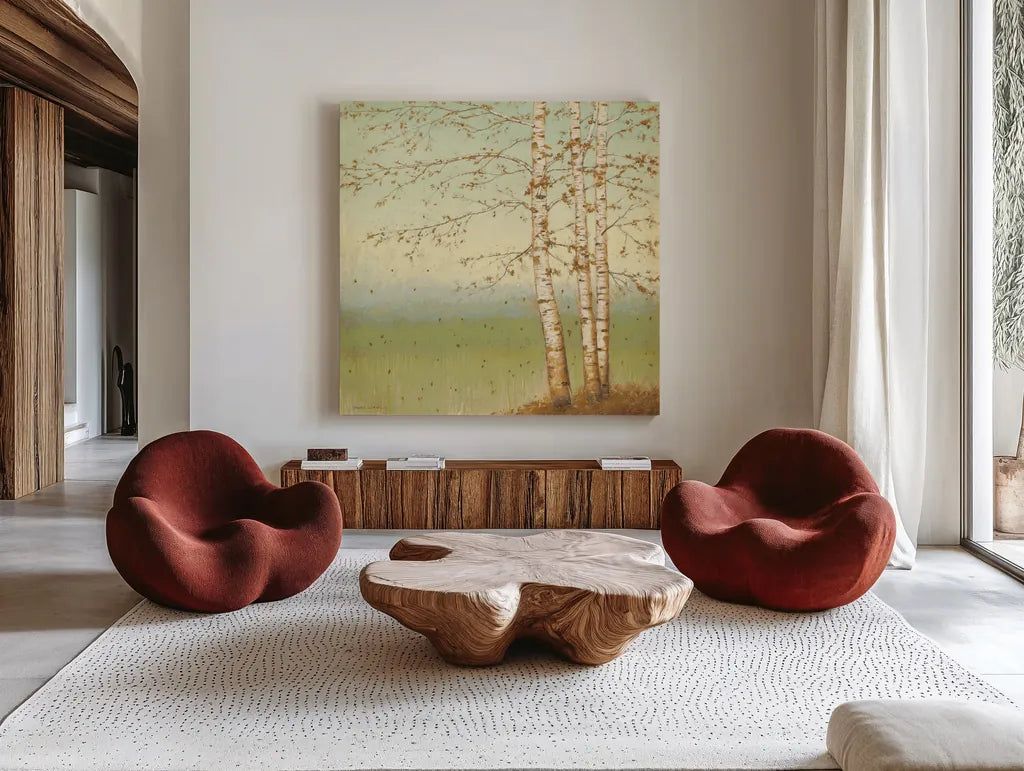 Golden Birch II with Blue Sky by James Wiens. Shown as extra-large giant wall art in a modern living room. Available as an archival giclee rolled canvas, fine art paper, or poster print. SKU 10342a.