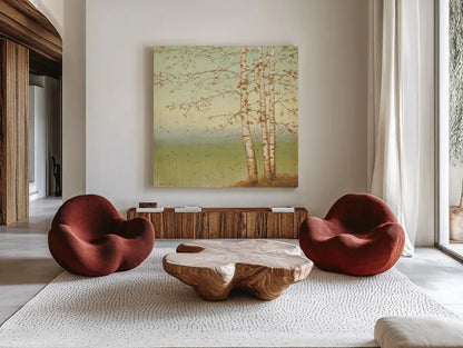 Golden Birch II with Blue Sky by James Wiens. Shown as extra-large giant wall art in a modern living room. Available as an archival giclee rolled canvas, fine art paper, or poster print. SKU 10342a.