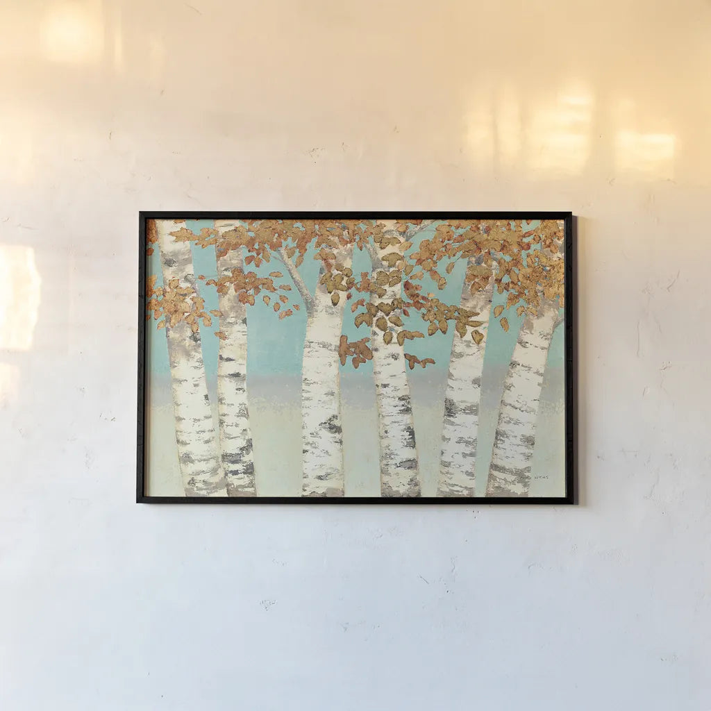 Golden Birches by James Wiens. shown as a paper print in a black flame. Available as a archival giclee rolled canvas, fine art paper, or poster print. SKU 12234i.