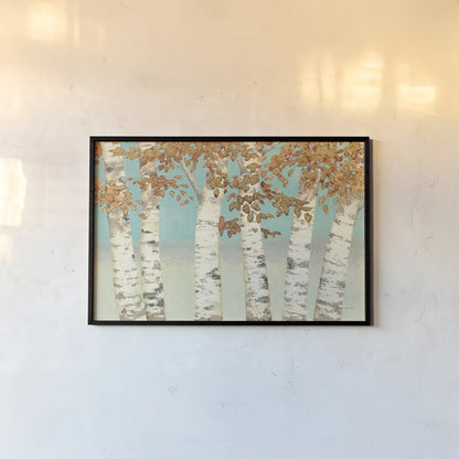 Golden Birches by James Wiens. shown as a paper print in a black flame. Available as a archival giclee rolled canvas, fine art paper, or poster print. SKU 12234i.