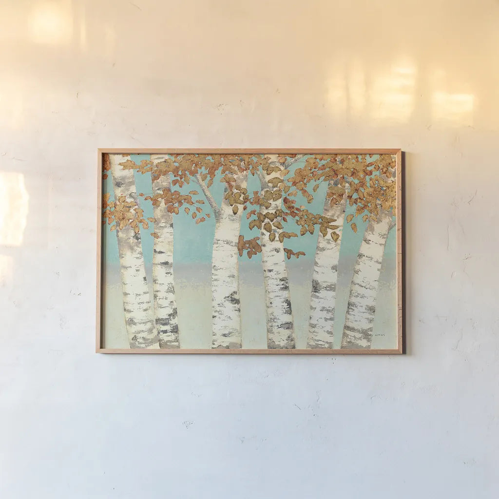 Golden Birches by James Wiens. shown as a paper print in a natural frame. Available as a archival giclee rolled canvas, fine art paper, or poster print. SKU 12234i.