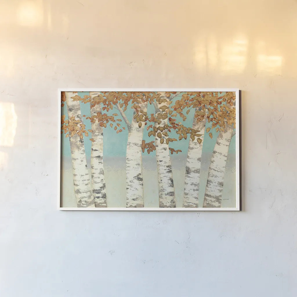 Golden Birches by James Wiens. shown as a paper print in a white frame. Available as a archival giclee rolled canvas, fine art paper, or poster print. SKU 12234i.