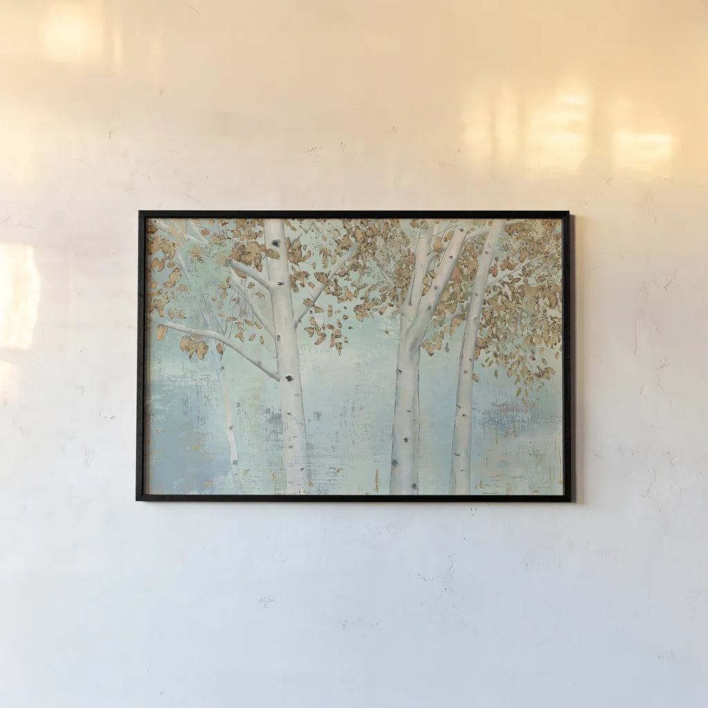 Golden Forest by James Wiens. shown as a paper print in a black flame. Available as a archival giclee rolled canvas, fine art paper, or poster print. SKU 14531i.