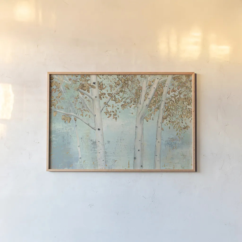 Golden Forest by James Wiens. shown as a paper print in a natural frame. Available as a archival giclee rolled canvas, fine art paper, or poster print. SKU 14531i.