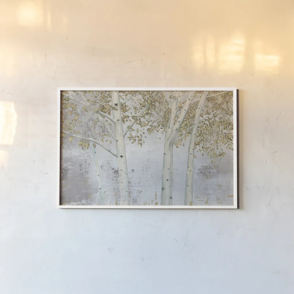 Golden Forest Gray by James Wiens. shown as a paper print in a white frame. Available as a archival giclee rolled canvas, fine art paper, or poster print. SKU 83534i.