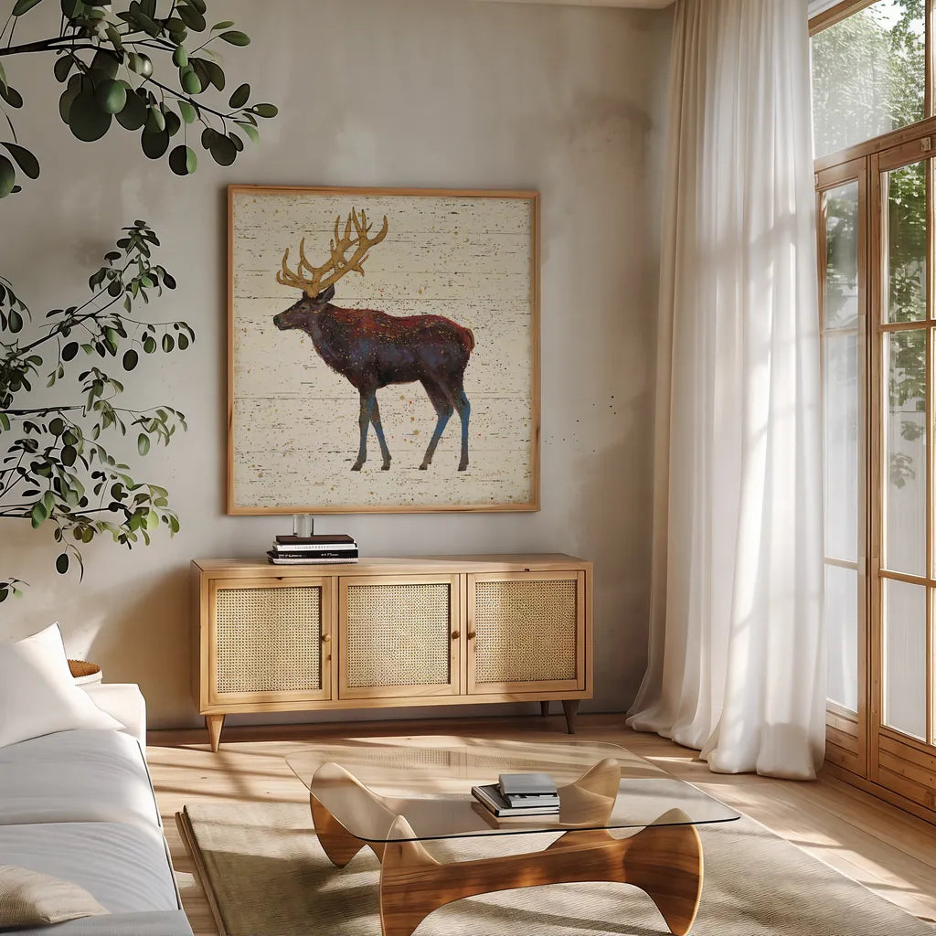 Golden Nature II by James Wiens. Shown in a natural wood frame in a cozy modern living room. Available as an archival giclee rolled canvas, fine art paper, or poster print. SKU 17232a.