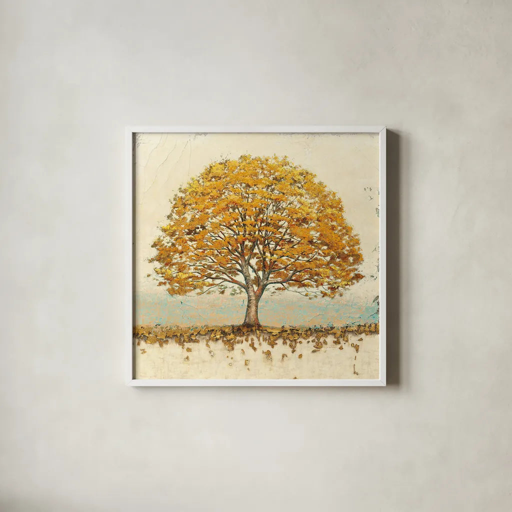 Golden Oak by James Wiens. Shown in a crisp white glass frame for a clean and minimalist style. Available as an archival giclee rolled canvas, fine art paper, or poster print. SKU 12998a.