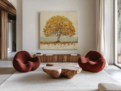 Golden Oak by James Wiens. Shown as extra-large giant wall art in a modern living room. Available as an archival giclee rolled canvas, fine art paper, or poster print. SKU 12998a.