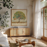 Golden Oak Spice by James Wiens. Shown in a natural wood frame in a cozy modern living room. Available as an archival giclee rolled canvas, fine art paper, or poster print. SKU 27536a.