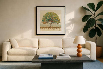 Golden Oak Spice by James Wiens. Displayed in a glass frame with matte in a clean modern living room. Available as an archival giclee rolled canvas, fine art paper, or poster print. SKU 27536a.