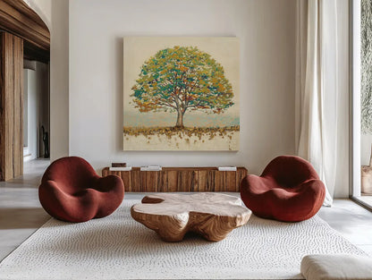 Golden Oak Spice by James Wiens. Shown as extra-large giant wall art in a modern living room. Available as an archival giclee rolled canvas, fine art paper, or poster print. SKU 27536a.