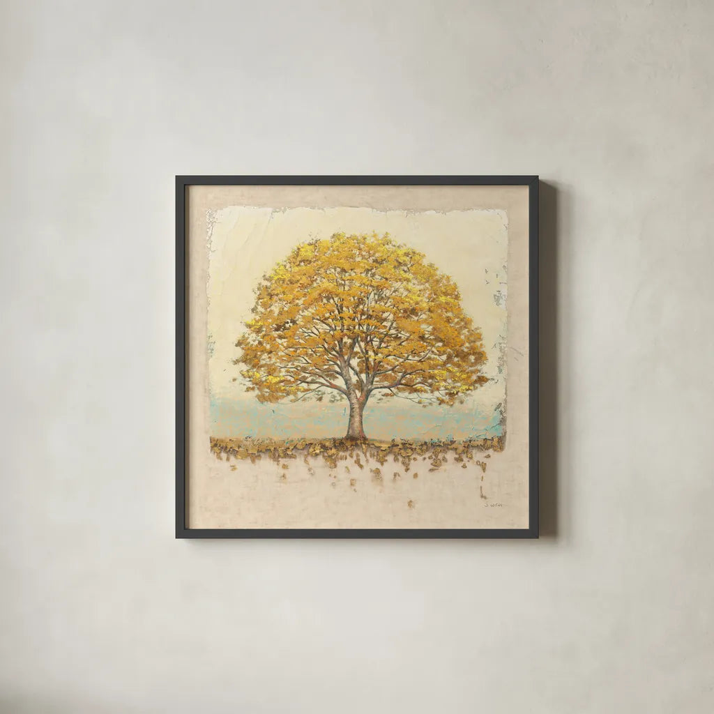 Golden Oak on Canvas by James Wiens. Shown in a sleek black glass frame for a contemporary gallery look. Available as an archival giclee rolled canvas, fine art paper, or poster print. SKU 33246a.