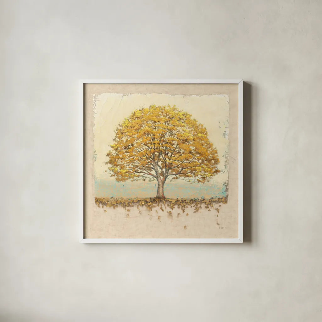 Golden Oak on Canvas by James Wiens. Shown in a crisp white glass frame for a clean and minimalist style. Available as an archival giclee rolled canvas, fine art paper, or poster print. SKU 33246a.