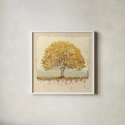 Golden Oak on Canvas by James Wiens. Shown in a crisp white glass frame for a clean and minimalist style. Available as an archival giclee rolled canvas, fine art paper, or poster print. SKU 33246a.