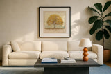Golden Oak on Canvas by James Wiens. Displayed in a glass frame with matte in a clean modern living room. Available as an archival giclee rolled canvas, fine art paper, or poster print. SKU 33246a.