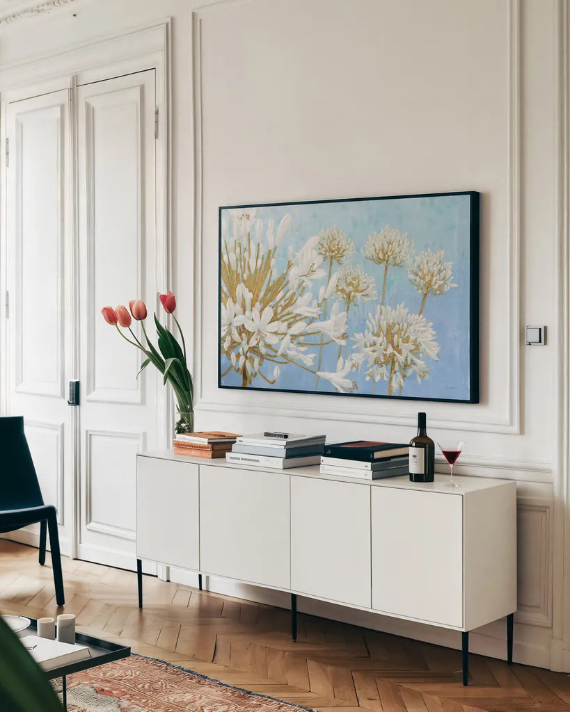 Golden Spring by James Wiens. shown as a framed stretched canvas in a living room above a console. Available as a archival giclee rolled canvas, fine art paper, or poster print. SKU 50827i.