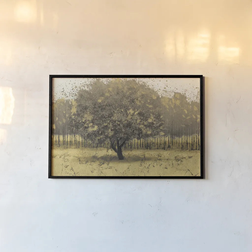 Golden Trees I Taupe by James Wiens. shown as a paper print in a black flame. Available as a archival giclee rolled canvas, fine art paper, or poster print. SKU 18644i.