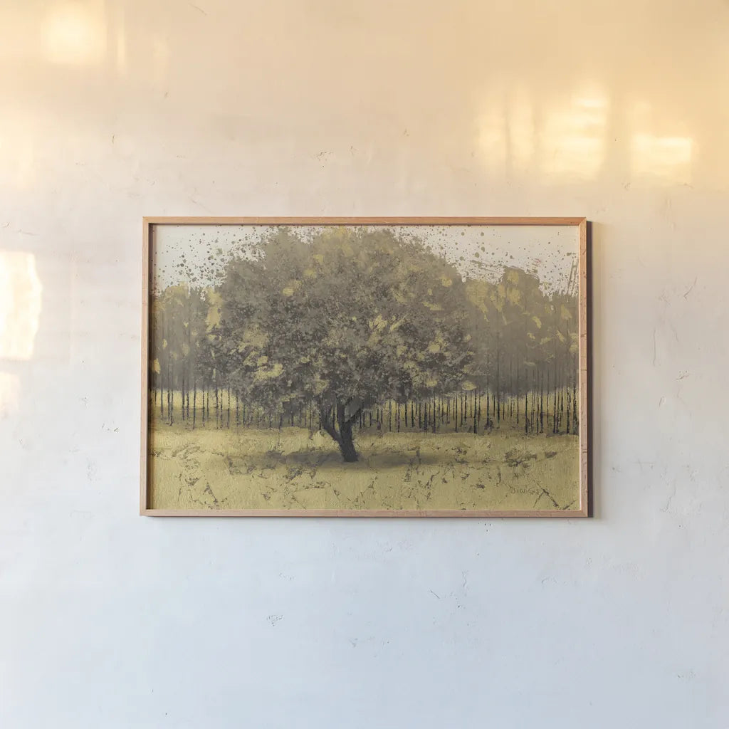 Golden Trees I Taupe by James Wiens. shown as a paper print in a natural frame. Available as a archival giclee rolled canvas, fine art paper, or poster print. SKU 18644i.