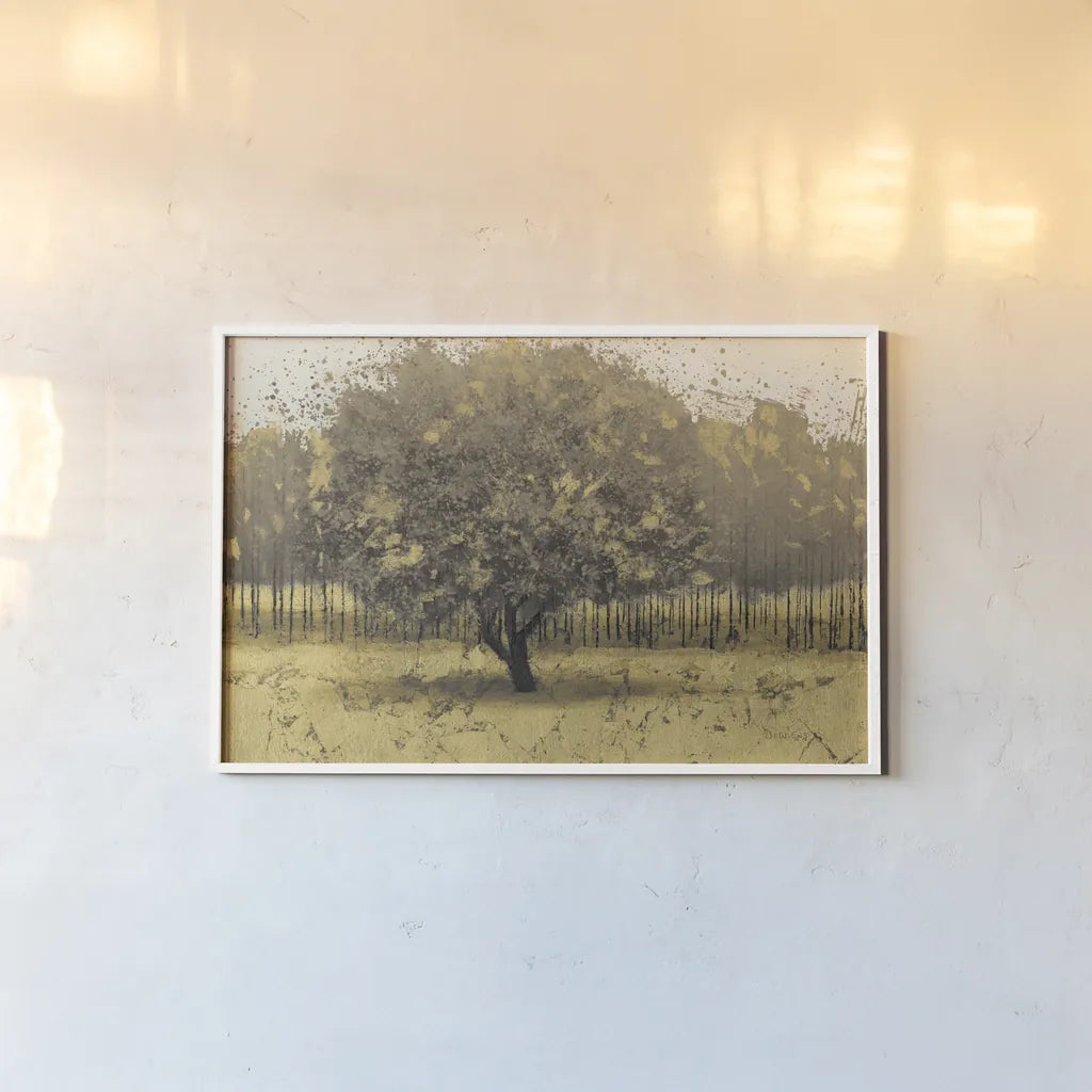 Golden Trees I Taupe by James Wiens. shown as a paper print in a white frame. Available as a archival giclee rolled canvas, fine art paper, or poster print. SKU 18644i.