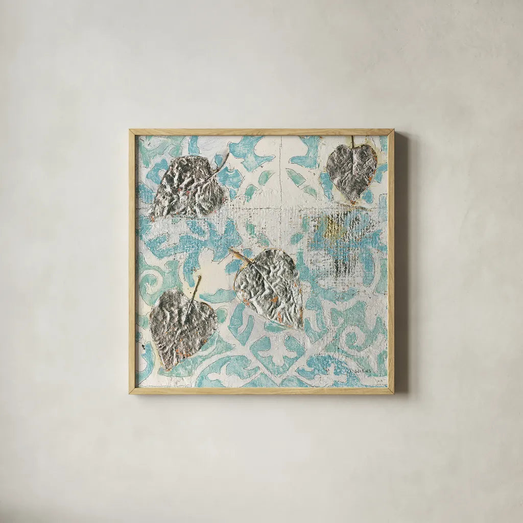 Gracefully Blue I by James Wiens. Shown in a natural wood glass frame for a timeless modern aesthetic. Available as an archival giclee rolled canvas, fine art paper, or poster print. SKU 38341a.