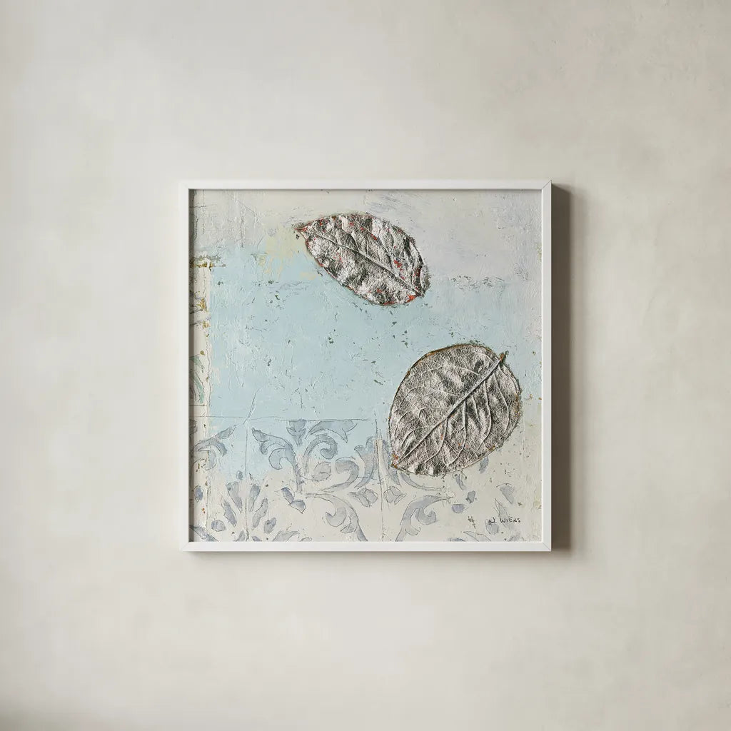 Gracefully Blue II by James Wiens. Shown in a crisp white glass frame for a clean and minimalist style. Available as an archival giclee rolled canvas, fine art paper, or poster print. SKU 38342a.