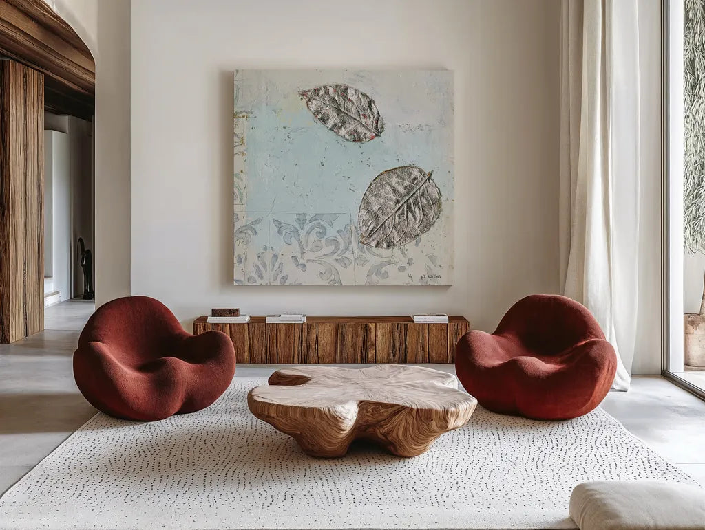 Gracefully Blue II by James Wiens. Shown as extra-large giant wall art in a modern living room. Available as an archival giclee rolled canvas, fine art paper, or poster print. SKU 38342a.