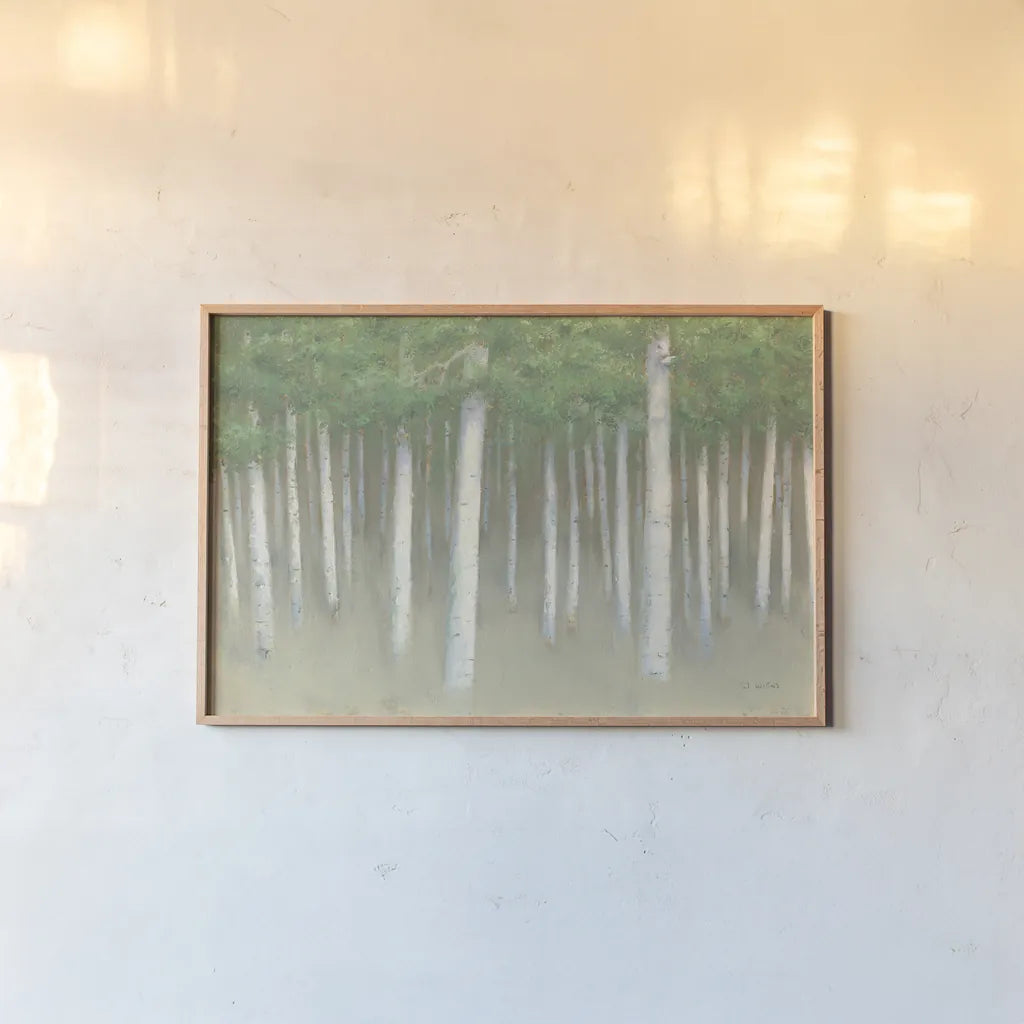 Green Forest Hues I by James Wiens. shown as a paper print in a natural frame. Available as a archival giclee rolled canvas, fine art paper, or poster print. SKU 75173i.