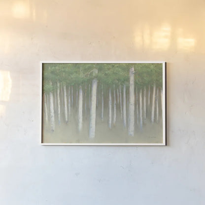 Green Forest Hues I by James Wiens. shown as a paper print in a white frame. Available as a archival giclee rolled canvas, fine art paper, or poster print. SKU 75173i.