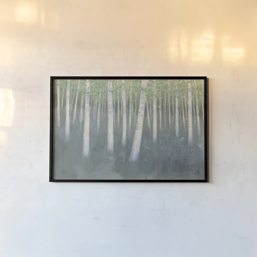 Green Forest Hues II by James Wiens. shown as a paper print in a black flame. Available as a archival giclee rolled canvas, fine art paper, or poster print. SKU 75174i.