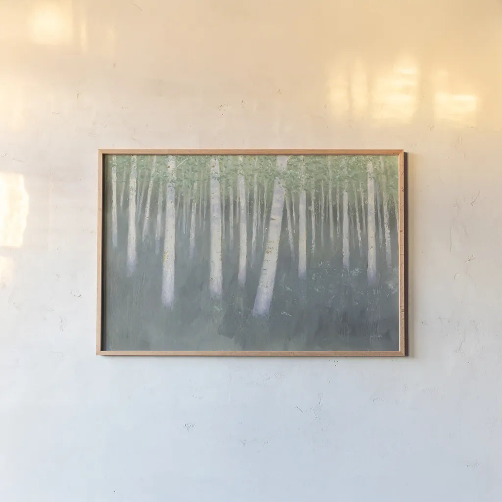 Green Forest Hues II by James Wiens. shown as a paper print in a natural frame. Available as a archival giclee rolled canvas, fine art paper, or poster print. SKU 75174i.