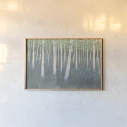 Green Forest Hues II by James Wiens. shown as a paper print in a natural frame. Available as a archival giclee rolled canvas, fine art paper, or poster print. SKU 75174i.