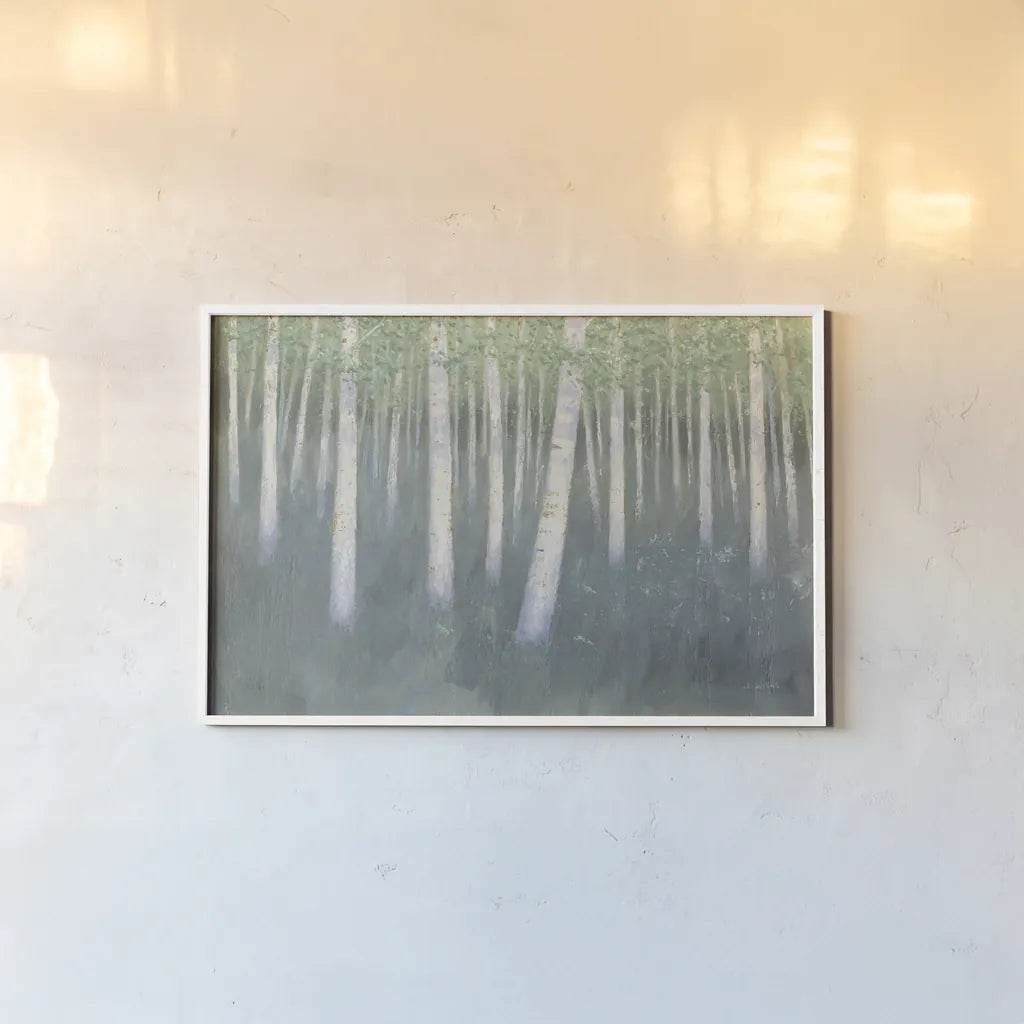Green Forest Hues II by James Wiens. shown as a paper print in a white frame. Available as a archival giclee rolled canvas, fine art paper, or poster print. SKU 75174i.