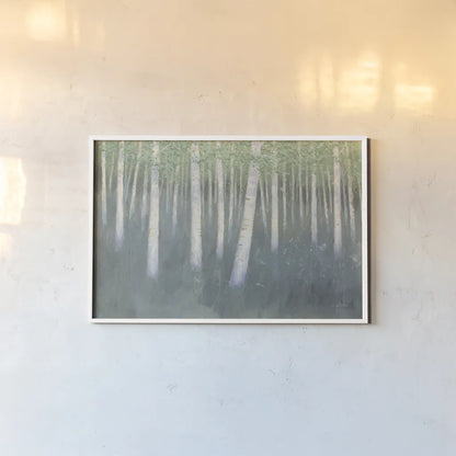 Green Forest Hues II by James Wiens. shown as a paper print in a white frame. Available as a archival giclee rolled canvas, fine art paper, or poster print. SKU 75174i.