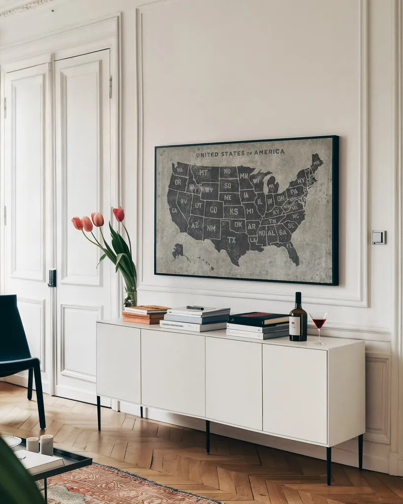 Grunge USA Map by James Wiens. shown as a framed stretched canvas in a living room above a console. Available as a archival giclee rolled canvas, fine art paper, or poster print. SKU 54954i.