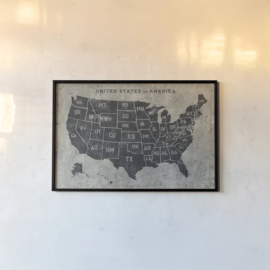 Grunge USA Map by James Wiens. shown as a paper print in a black flame. Available as a archival giclee rolled canvas, fine art paper, or poster print. SKU 54954i.