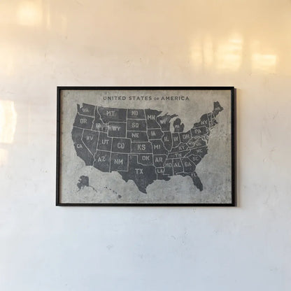 Grunge USA Map by James Wiens. shown as a paper print in a black flame. Available as a archival giclee rolled canvas, fine art paper, or poster print. SKU 54954i.