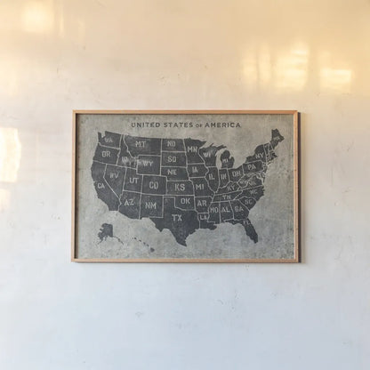 Grunge USA Map by James Wiens. shown as a paper print in a natural frame. Available as a archival giclee rolled canvas, fine art paper, or poster print. SKU 54954i.