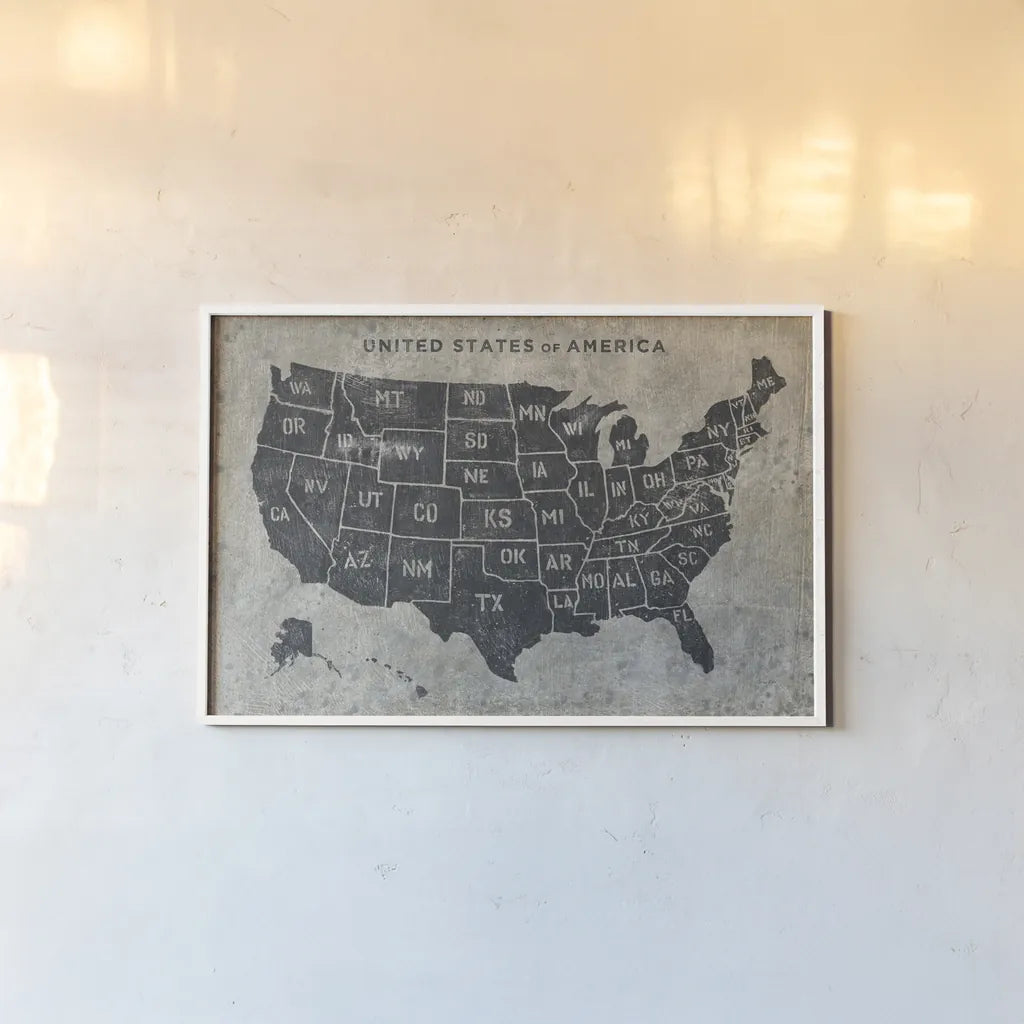 Grunge USA Map by James Wiens. shown as a paper print in a white frame. Available as a archival giclee rolled canvas, fine art paper, or poster print. SKU 54954i.
