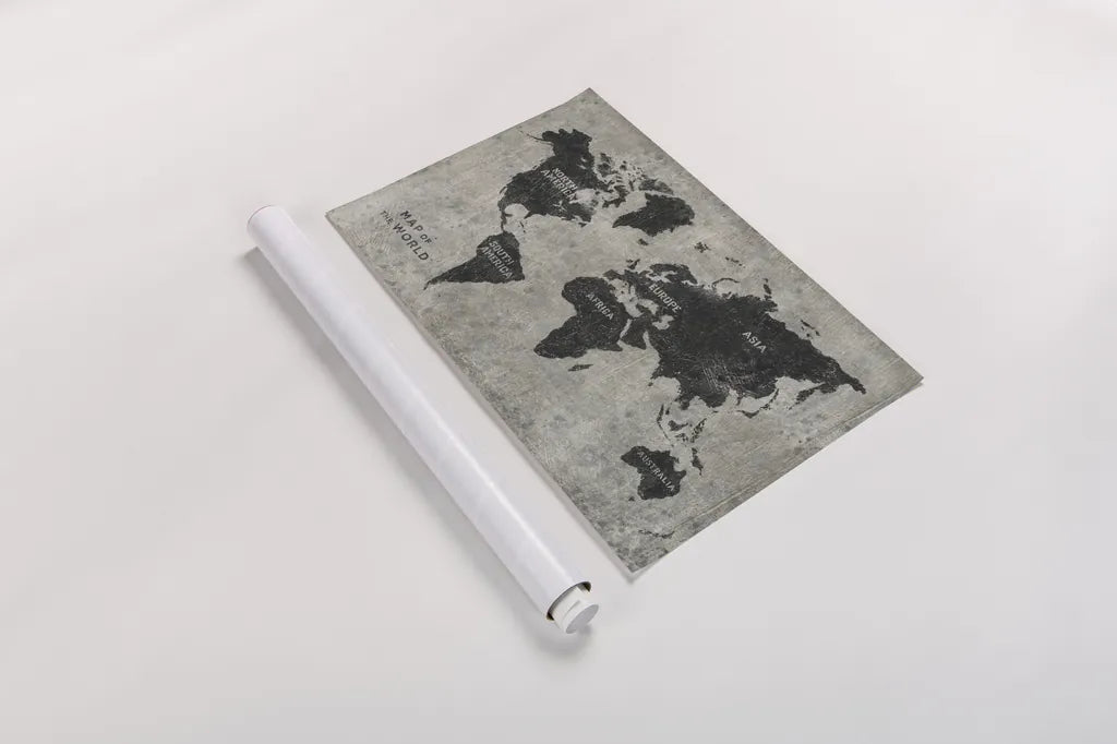 Grunge World Map by James Wiens. shown as a rolled paper print. Available as archival giclee rolled canvas, fine art paper, or poster print. SKU 54955i.