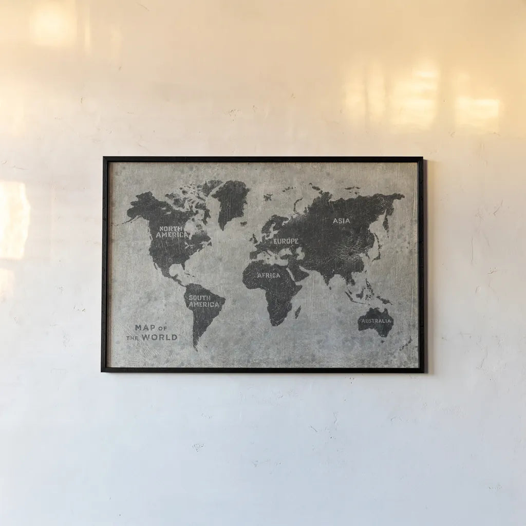 Grunge World Map by James Wiens. shown as a paper print in a black flame. Available as a archival giclee rolled canvas, fine art paper, or poster print. SKU 54955i.